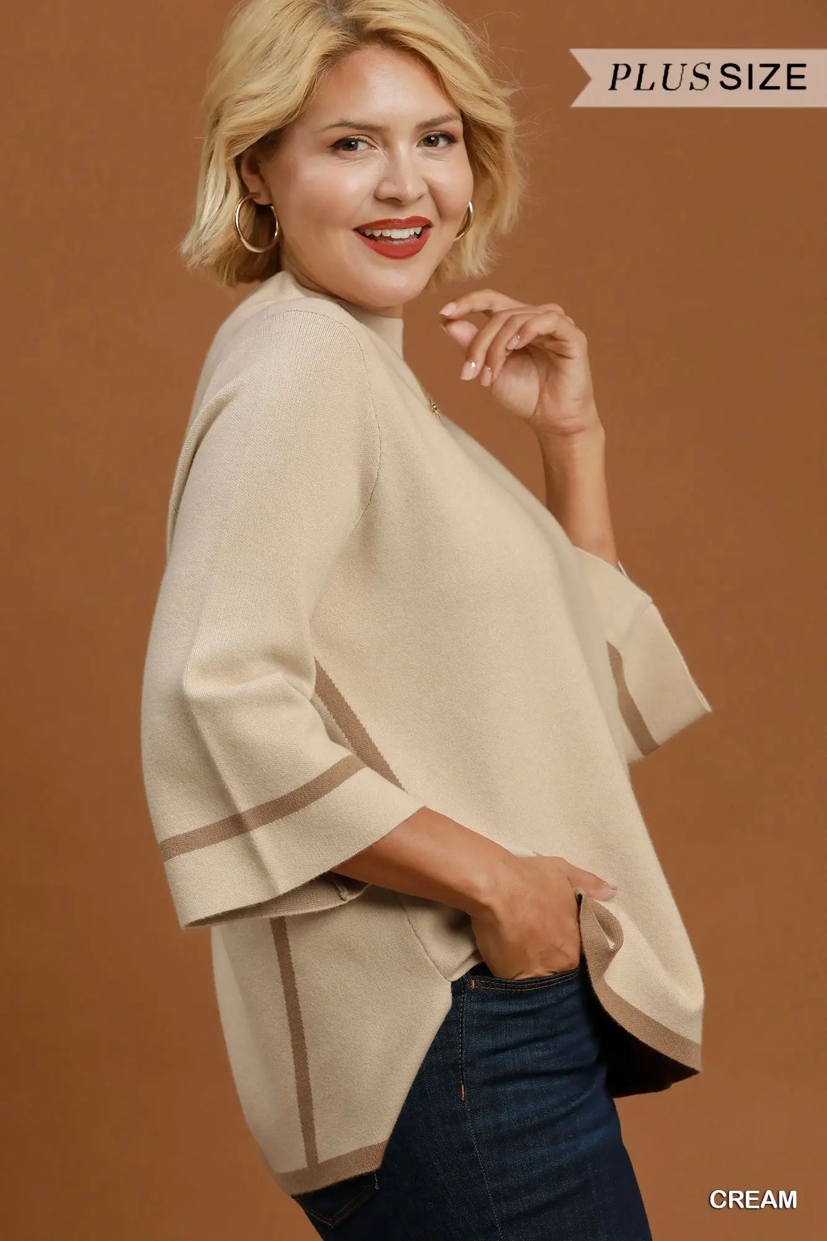Cream and Tan Mock Neck Contrast Trim Short Sleeve Knit Sweater Top