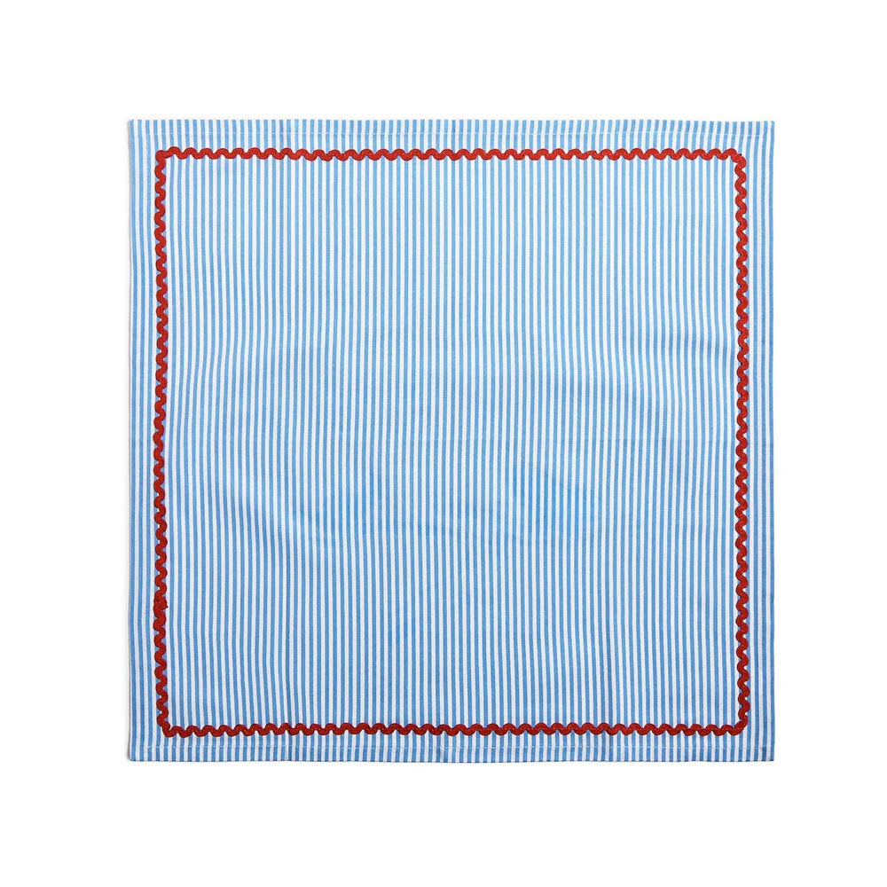 Two's Company Blue Stripe With Red Ric Rac Trim Cloth Dinner Napkins-Set of 4