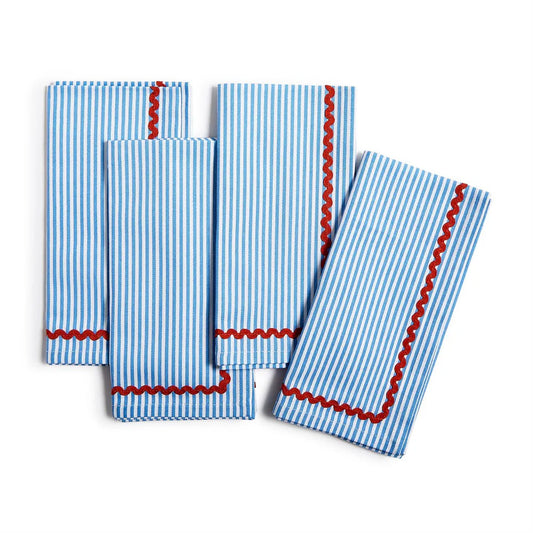 Two's Company Blue Stripe With Red Ric Rac Trim Cloth Dinner Napkins-Set of 4
