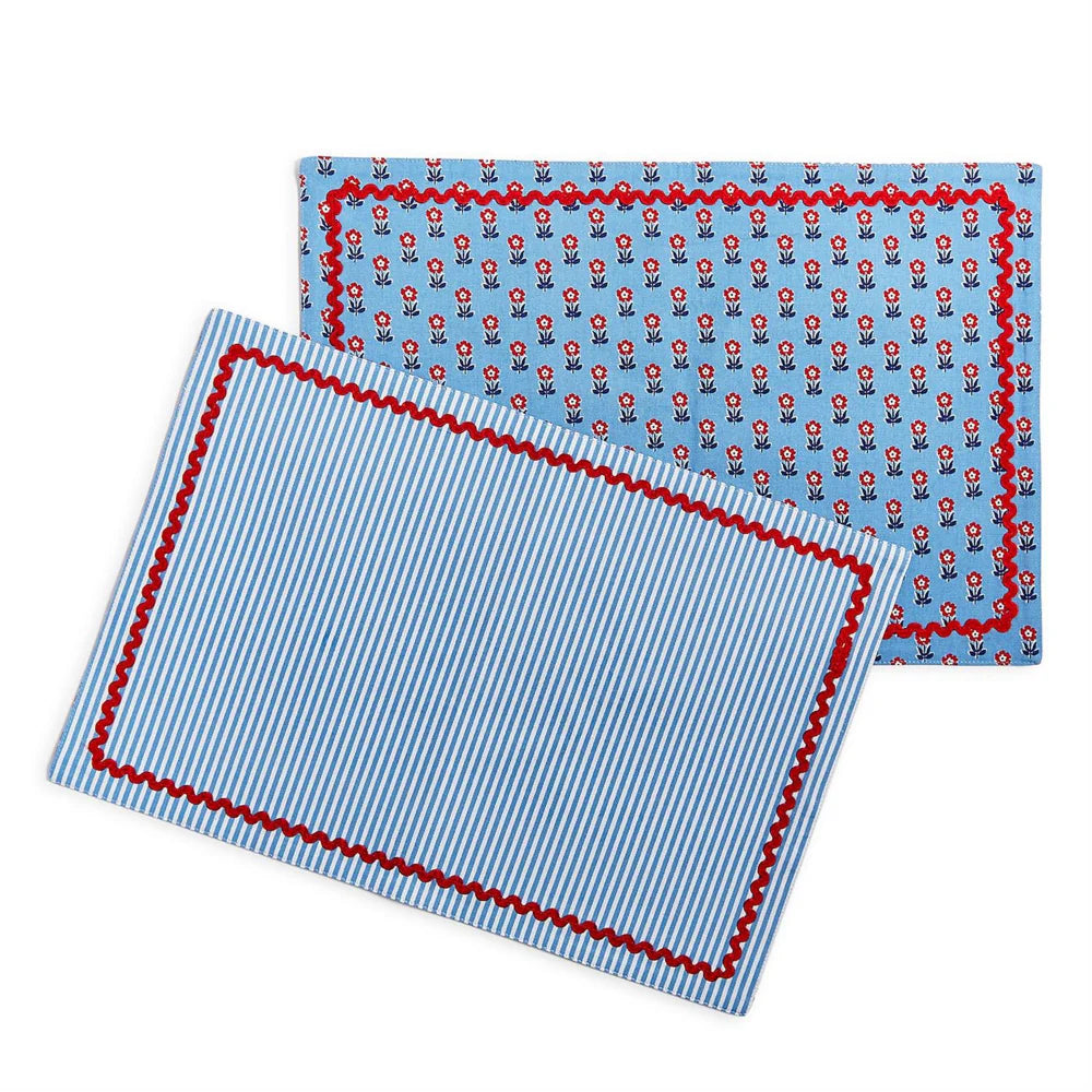 Double-Sided Fabric Placemat-Red, White and Bloom-Set of 4