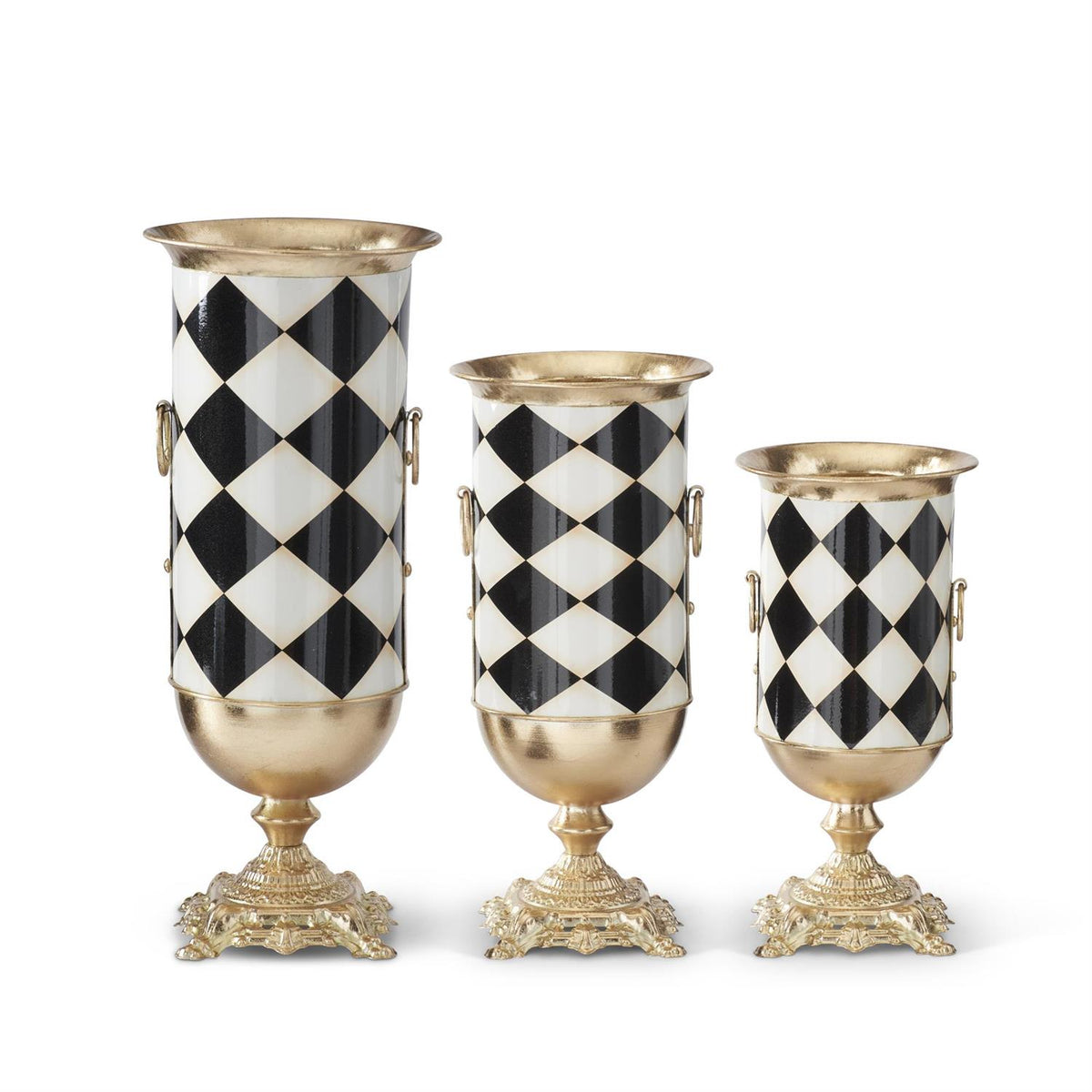 Black & White w/Gold Harlequin Check Metal Urns