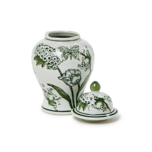 Primrose and Lotus Green/White Chinoiserie Jar with Lid