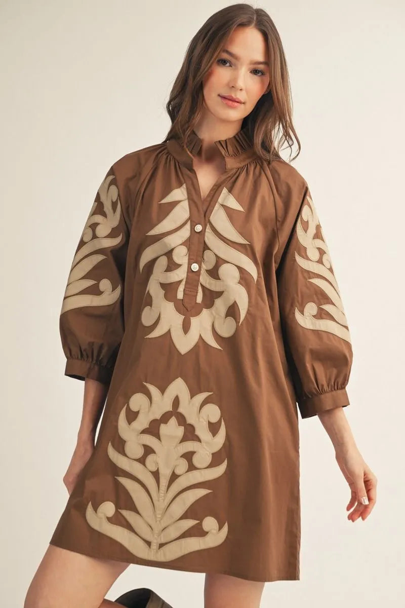 Brown Floral Contrast Applique Mini Dress
