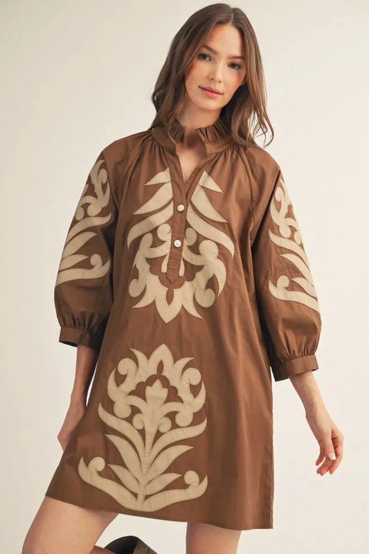 Brown Floral Contrast Applique Mini Dress