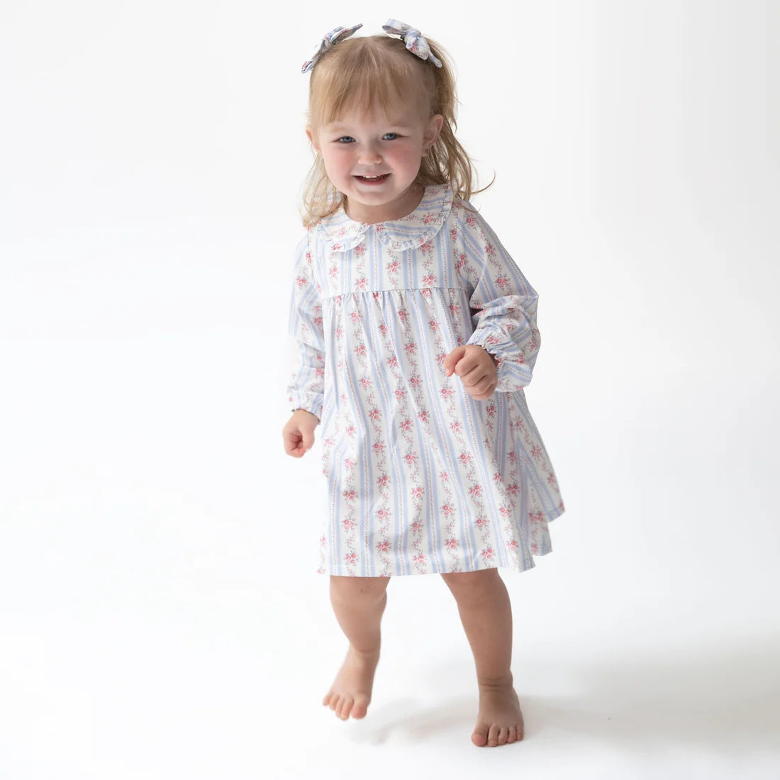Anna Floral Stripe Long Sleeve Peter Pan Ruffle Collar Dress and Bloomer