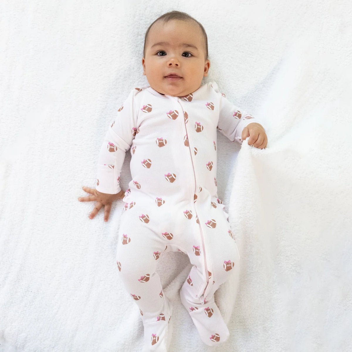 Mini Football Hearts  2 Way Ruffle Back Zipper Footie