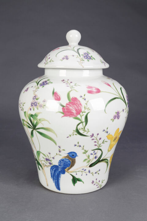 Birds and Flowers 10" Ginger Jar with Lid