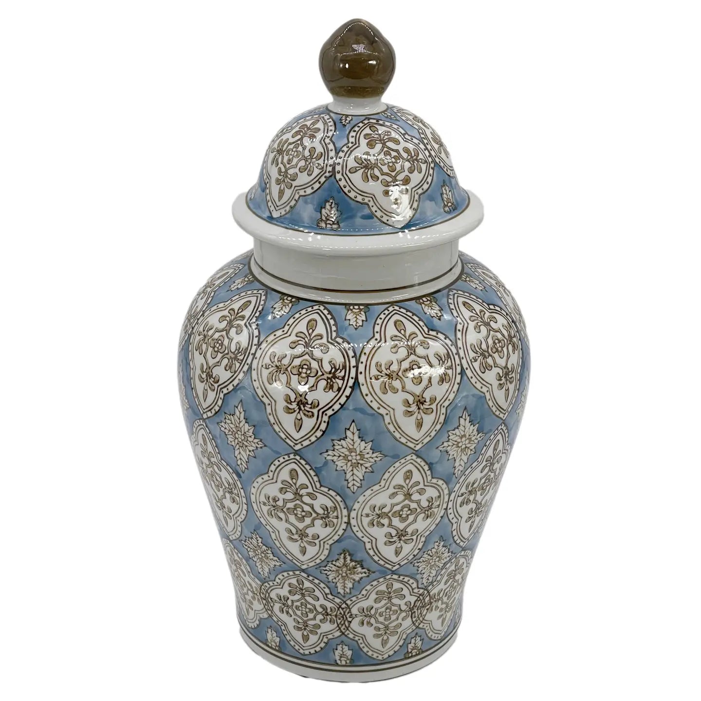 Patterned Chinoiserie Ginger Jar Light Blue & Brown 18"
