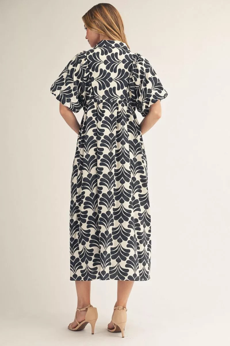 Black and Cream Floral Midi Dress