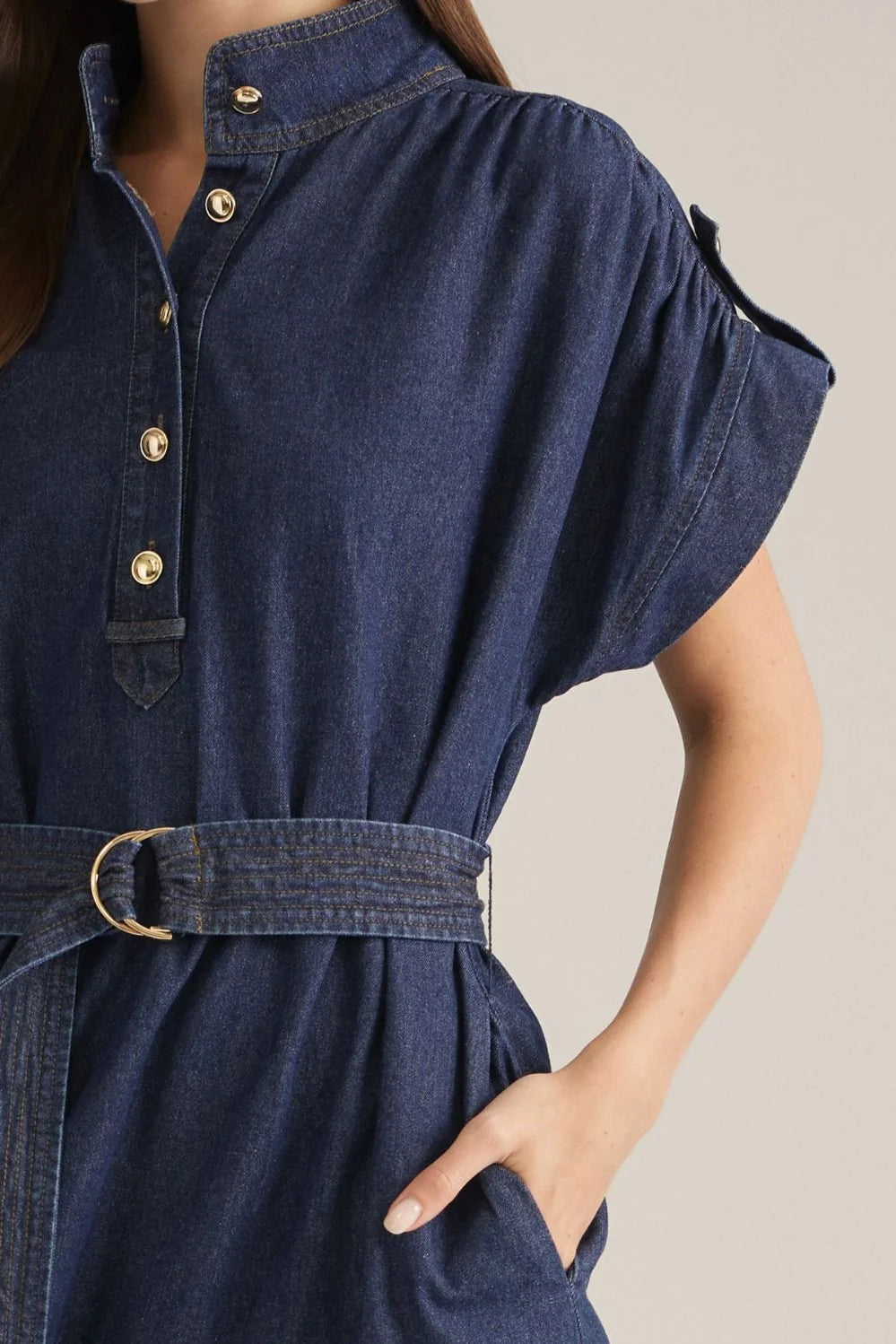 Dark Wash Denim Midi Dress with Belt