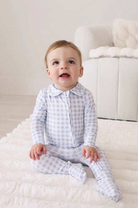 Blue Gingham Peter Pan Collar Zipper Footie