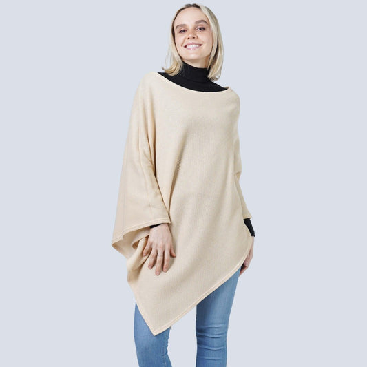 Textured Jersey Beige Poncho  - One Size