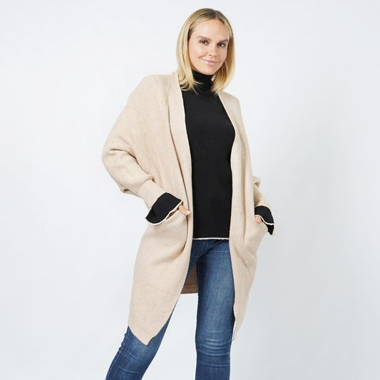 Soft Knit Beige Batwing Sleeve Cardigan With Pockets