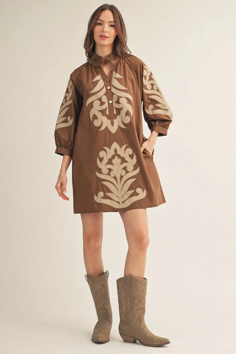 Brown Floral Contrast Applique Mini Dress