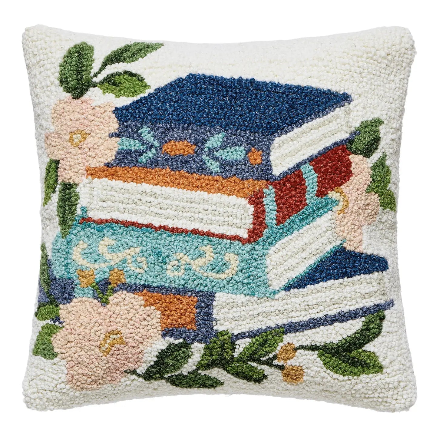 Book Stack With Tulips Hooked Pillow