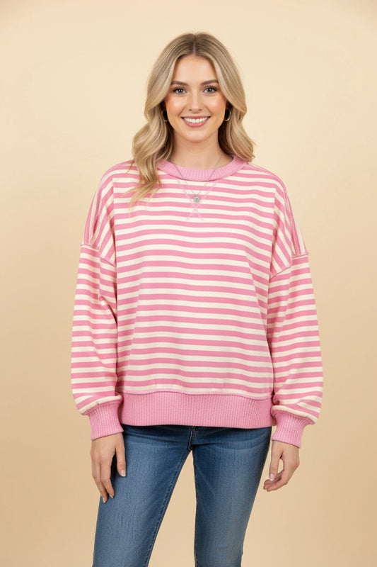 Pink & Cream Striped Oversized Pullover
