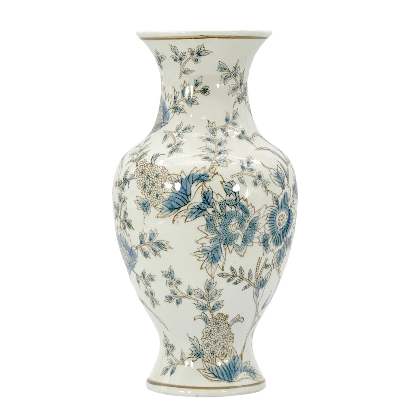White and Blue Chinoiserie Indoor Ceramic Vase 14"