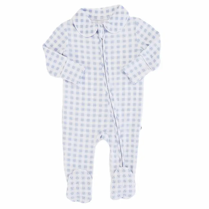 Blue Gingham Peter Pan Collar Zipper Footie