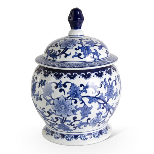 14.25 Inch Ceramic Royal Blue and White Lidded Ginger Jar