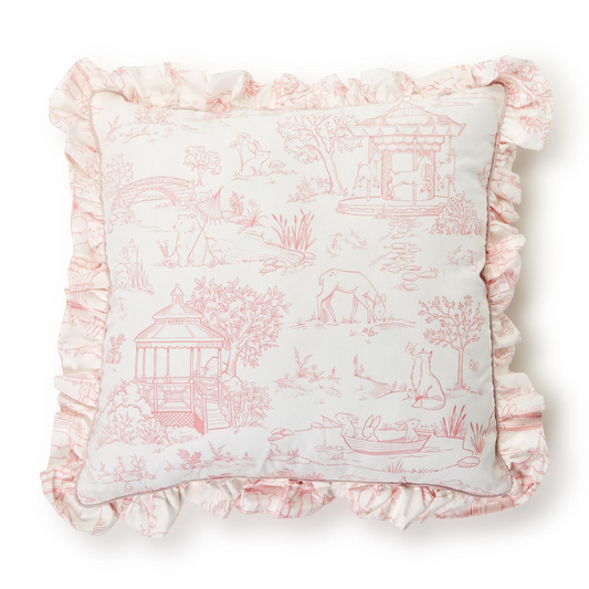 Baby Animal Toile Decorative Pillow with Ruffle and Pipping Details-Pink