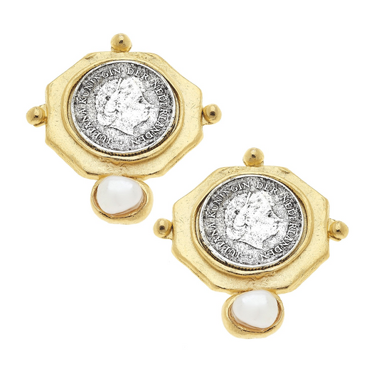 Susan Shaw Handcast Gold Octagon w/ Silver Coin and Freshwater Pearl Earrings 1128W