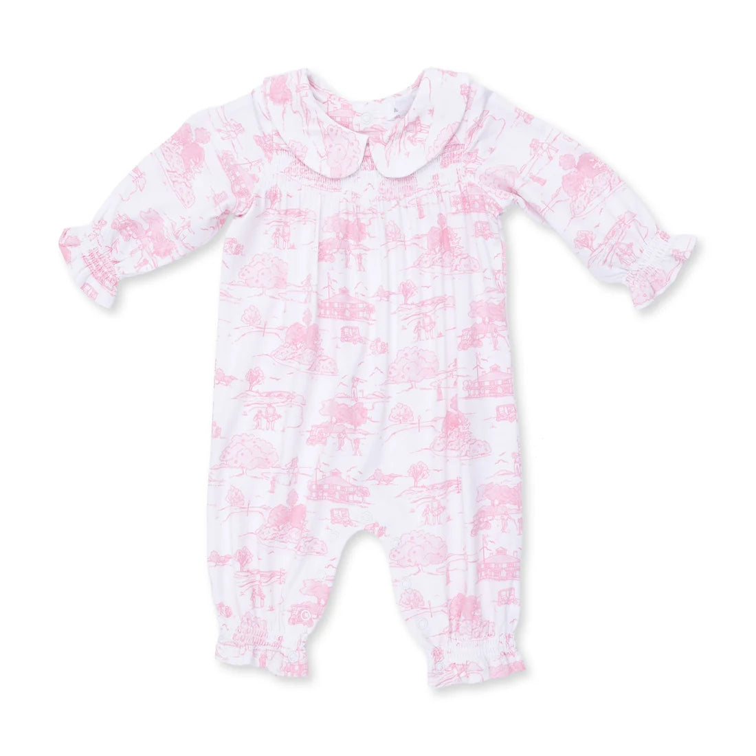 Golf Toile Pink Smocked Long Sleeve Romper