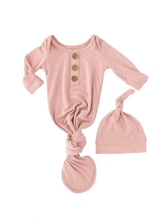 Solid Mauve Bamboo Baby Knot Gown & Hat