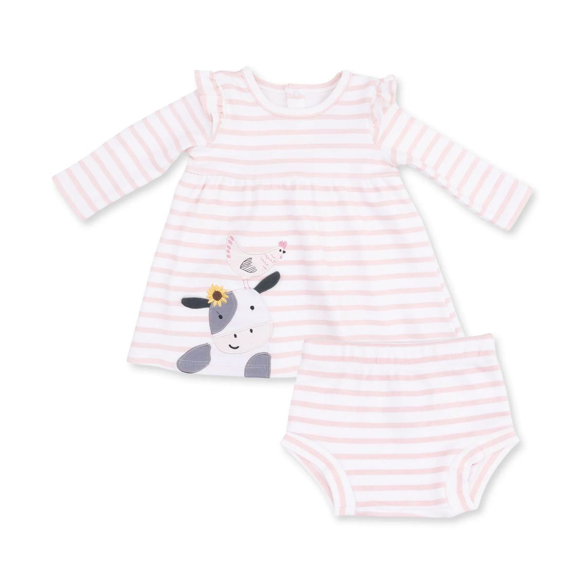 Cows Pink Long Sleeve Dress with Ruffle and Bloomer