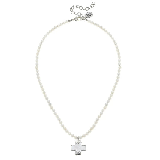 Susan Shaw Silver Cross On Ivory Beaded Necklace 3343Ci