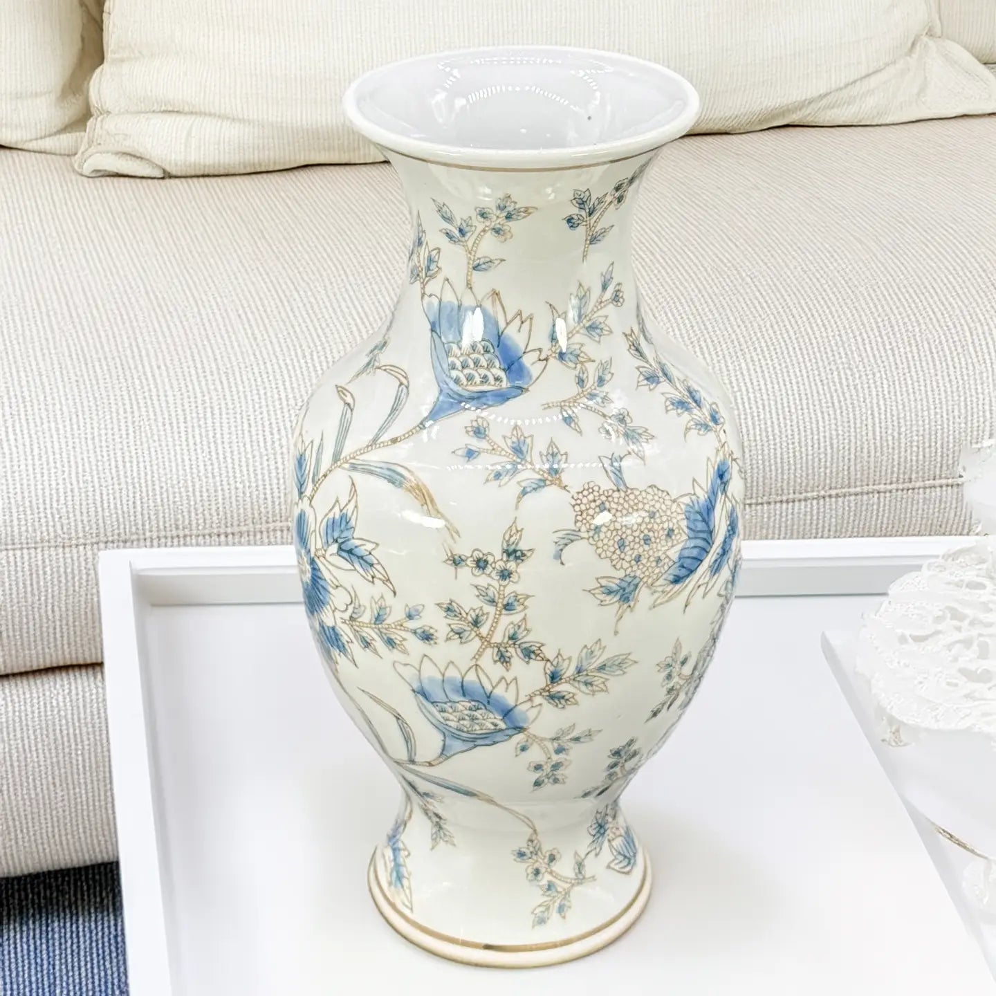 White and Blue Chinoiserie Indoor Ceramic Vase 14"