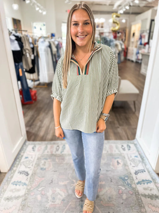 Dolman Sleeve Striped Top - Olive