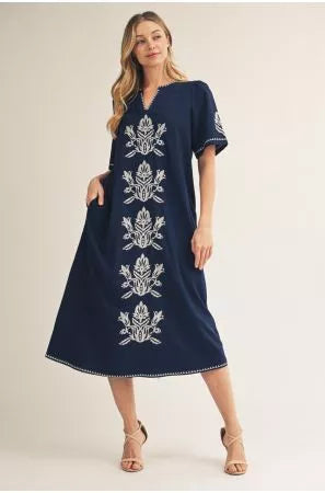 Navy Midi Dress with White Embroidery Detail on Front