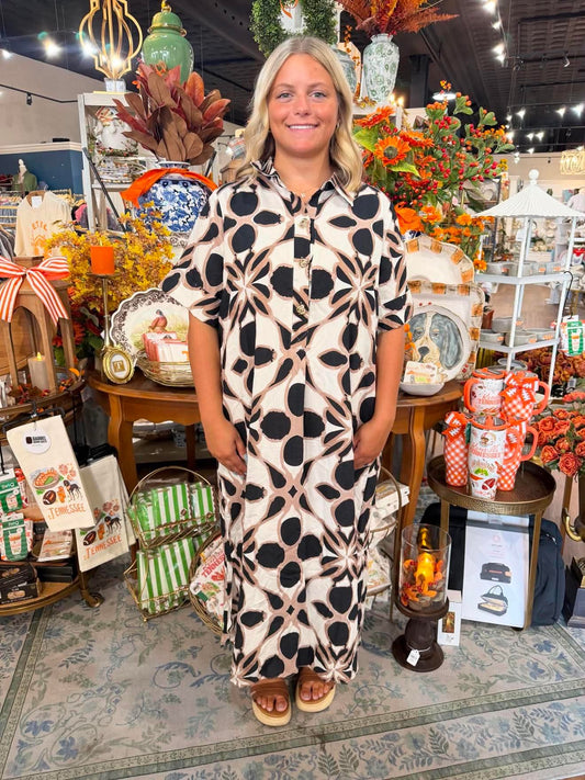 Black and Brown Floral Print Midi Dress