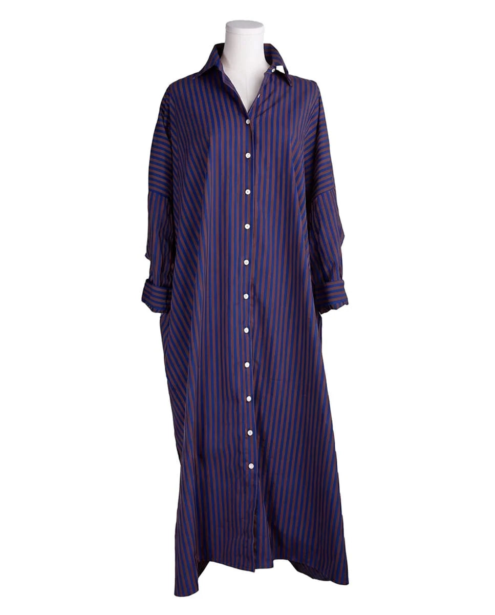 Colette Shirtdress In Blue + Brown Stripe