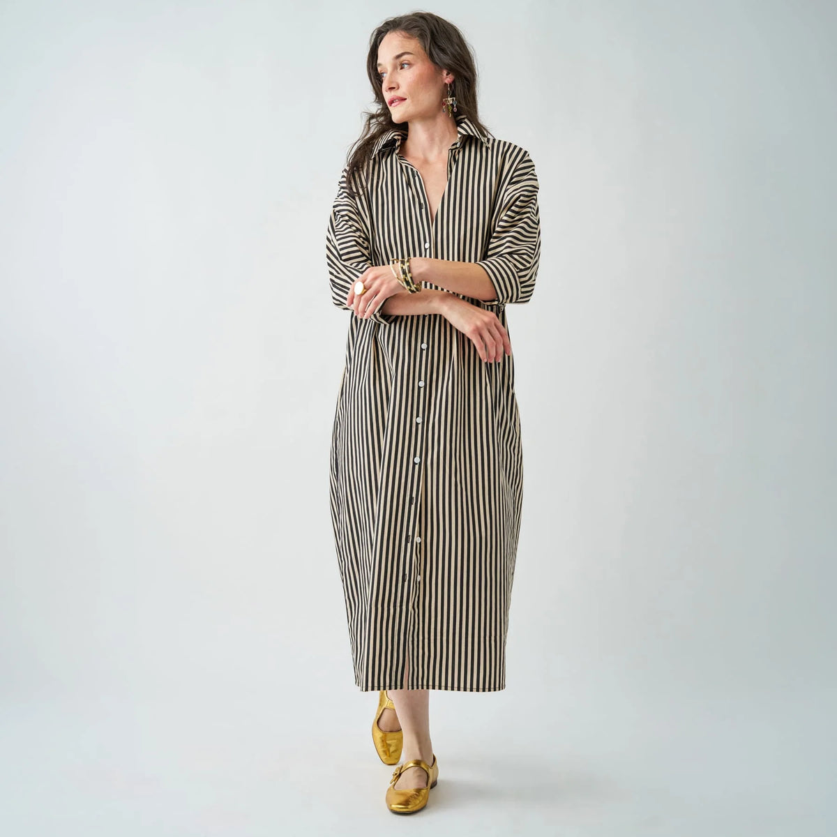Colette Shirtdress in Black and Cream Stripe