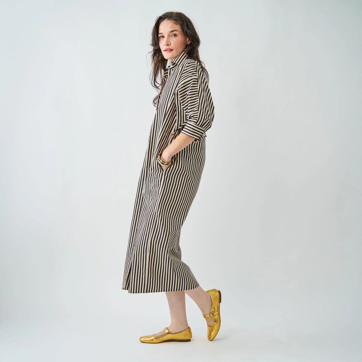 Colette Shirtdress in Black and Cream Stripe
