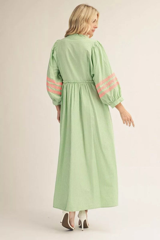 Green Stripe Embroidered Dress