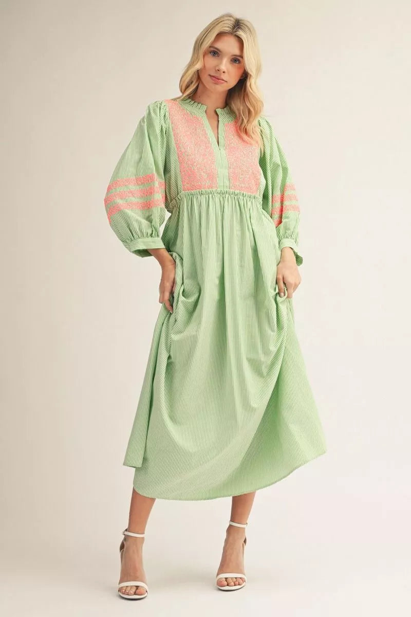 Green Stripe Embroidered Dress