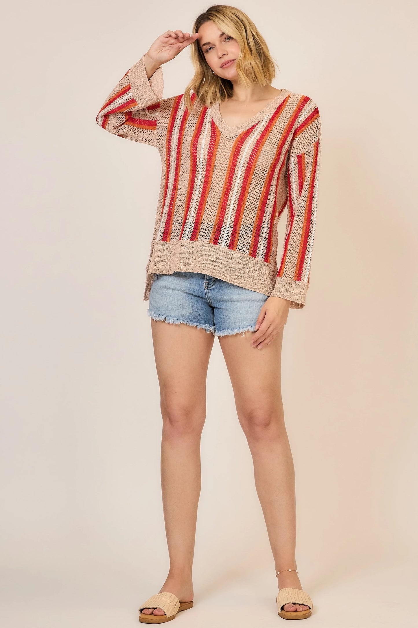 Open Knit V-neck Striped Sweater