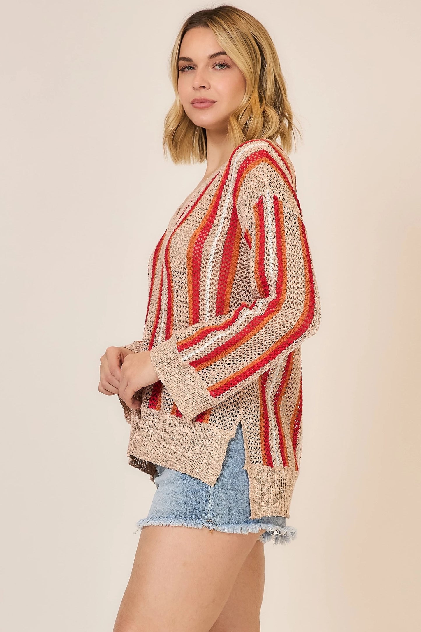 Open Knit V-neck Striped Sweater