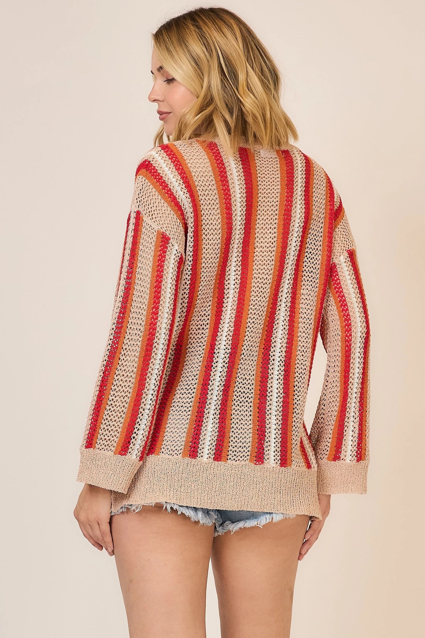 Open Knit V-neck Striped Sweater
