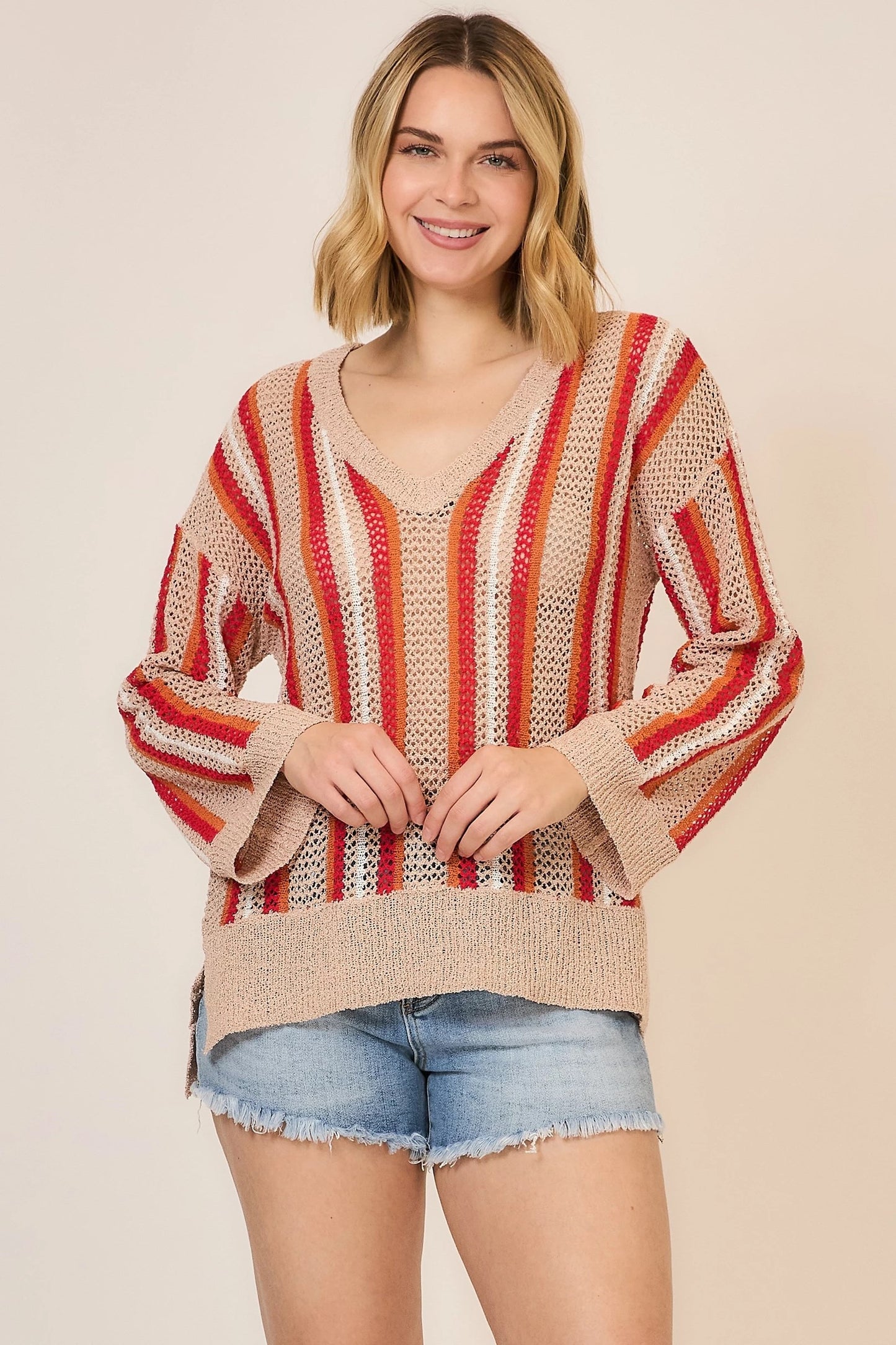 Open Knit V-neck Striped Sweater