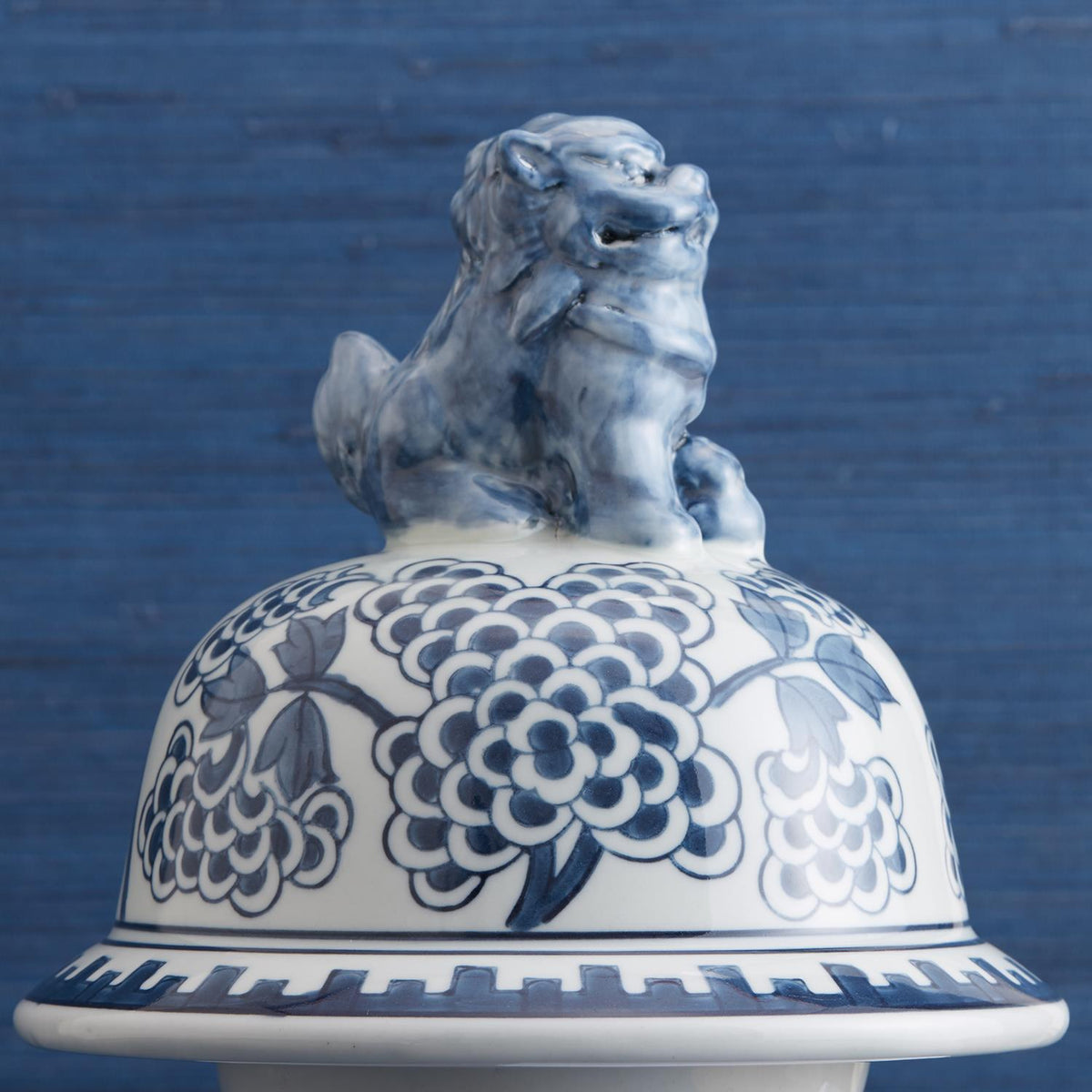 Blue and White Peony Flower Covered Temple Jar with Lion Accents - Hand-Painted Porcelain