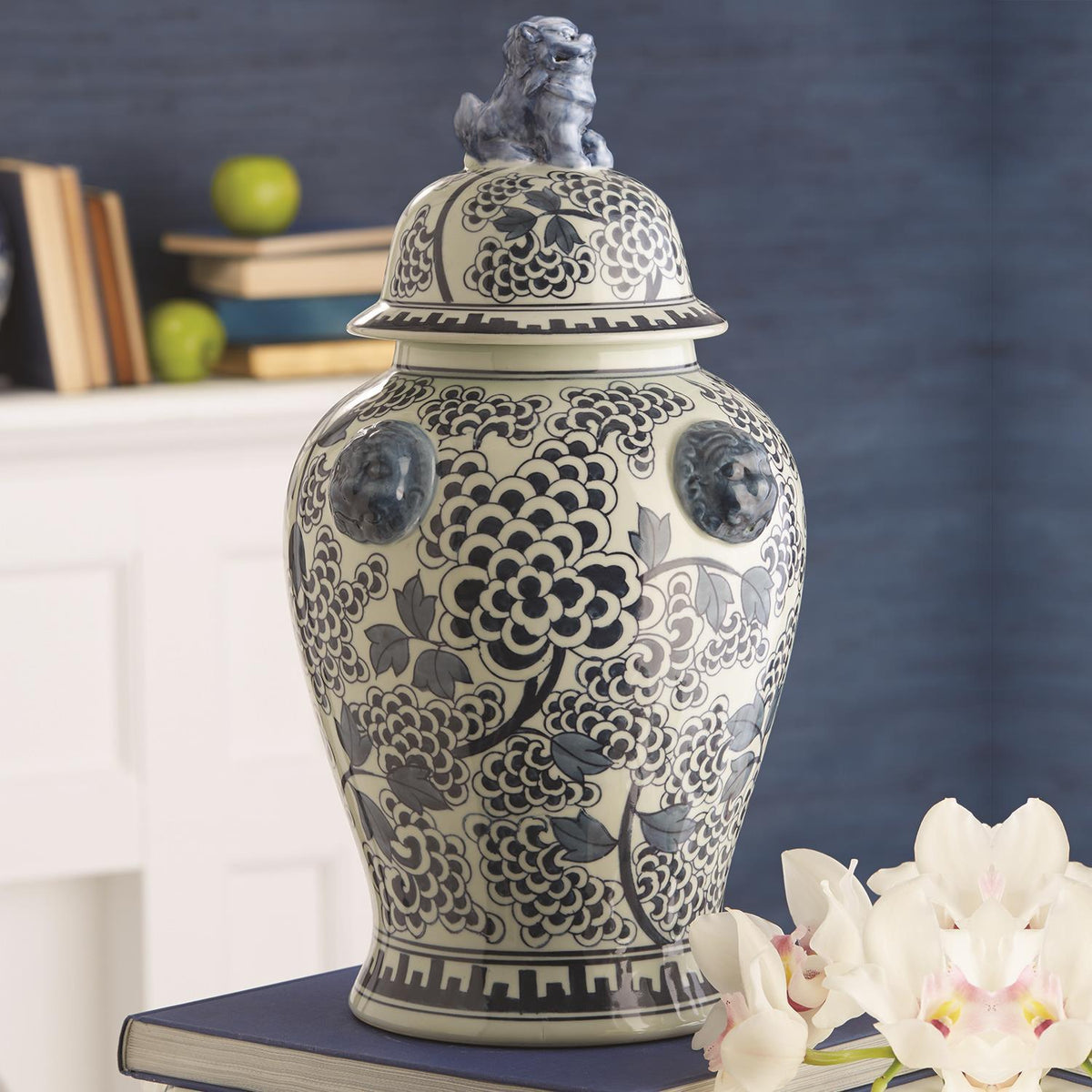 Blue and White Peony Flower Covered Temple Jar with Lion Accents - Hand-Painted Porcelain