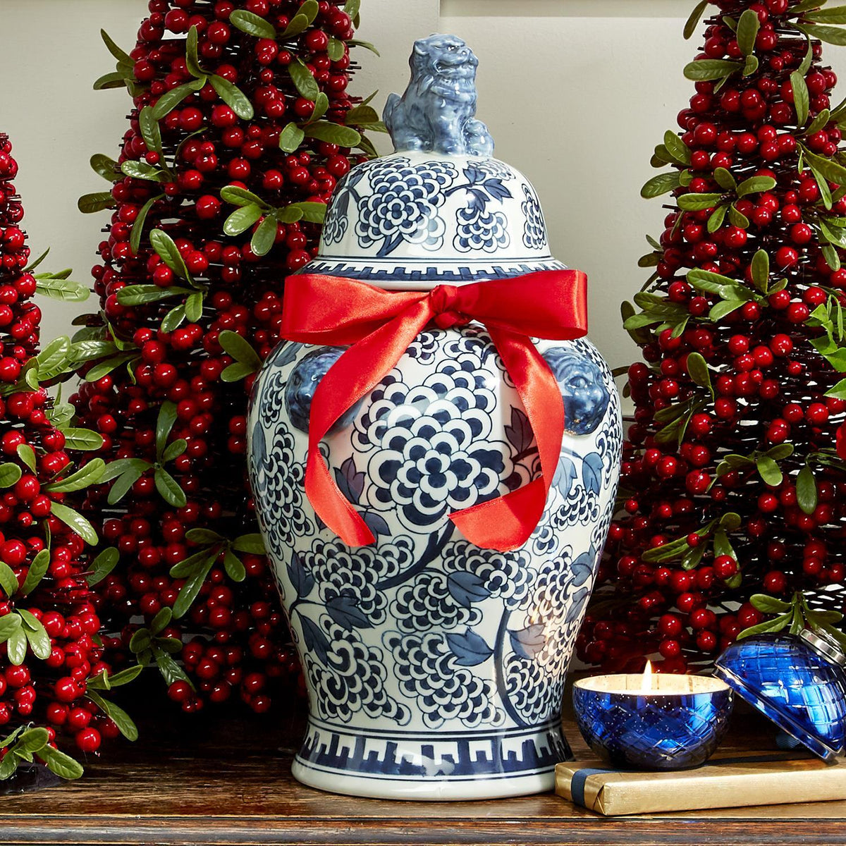 Blue and White Peony Flower Covered Temple Jar with Lion Accents - Hand-Painted Porcelain