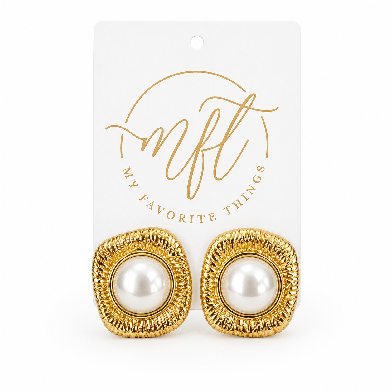Pearl and Gold Square Statement Earrings