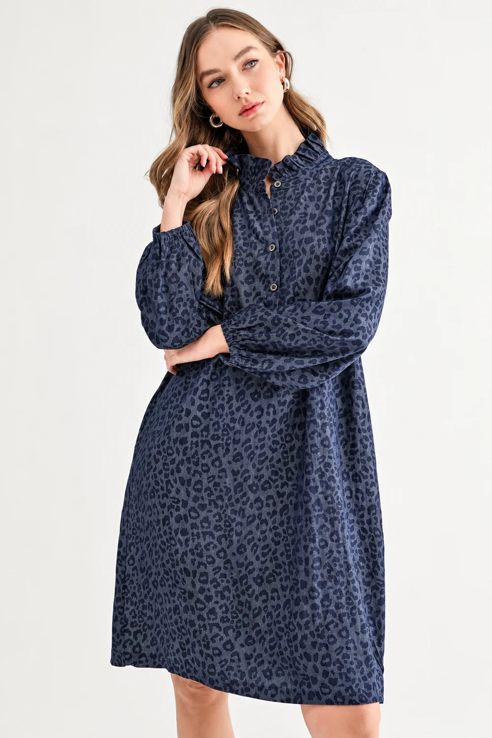 Diana Denim Leopard Print Ruffle Neck Tunic Dress