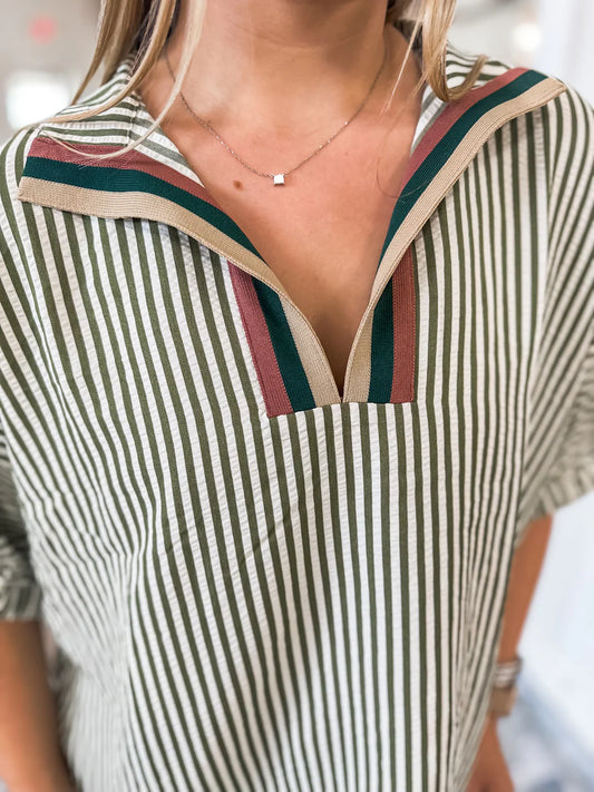 Dolman Sleeve Striped Top - Olive