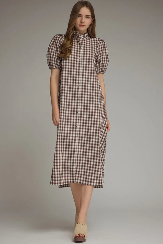 Brown & White Gingham Puff Sleeve Dress