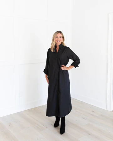 Black Button Down Long Sleeve Midi Dress